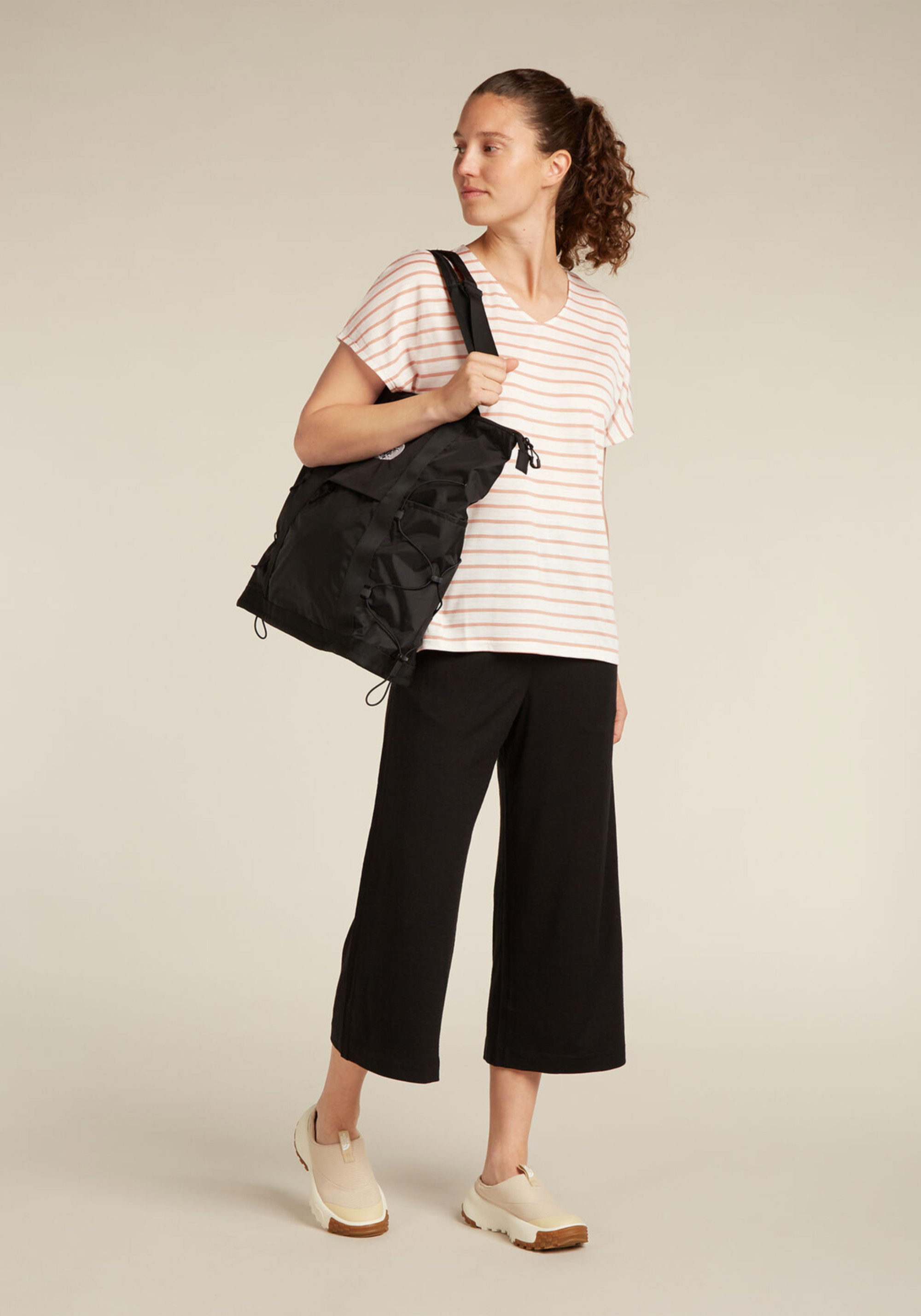 Icebreaker Damen-T-Shirt Drayden Reversible SS Top Stripe Ecru Hthr/Desert Sand/S