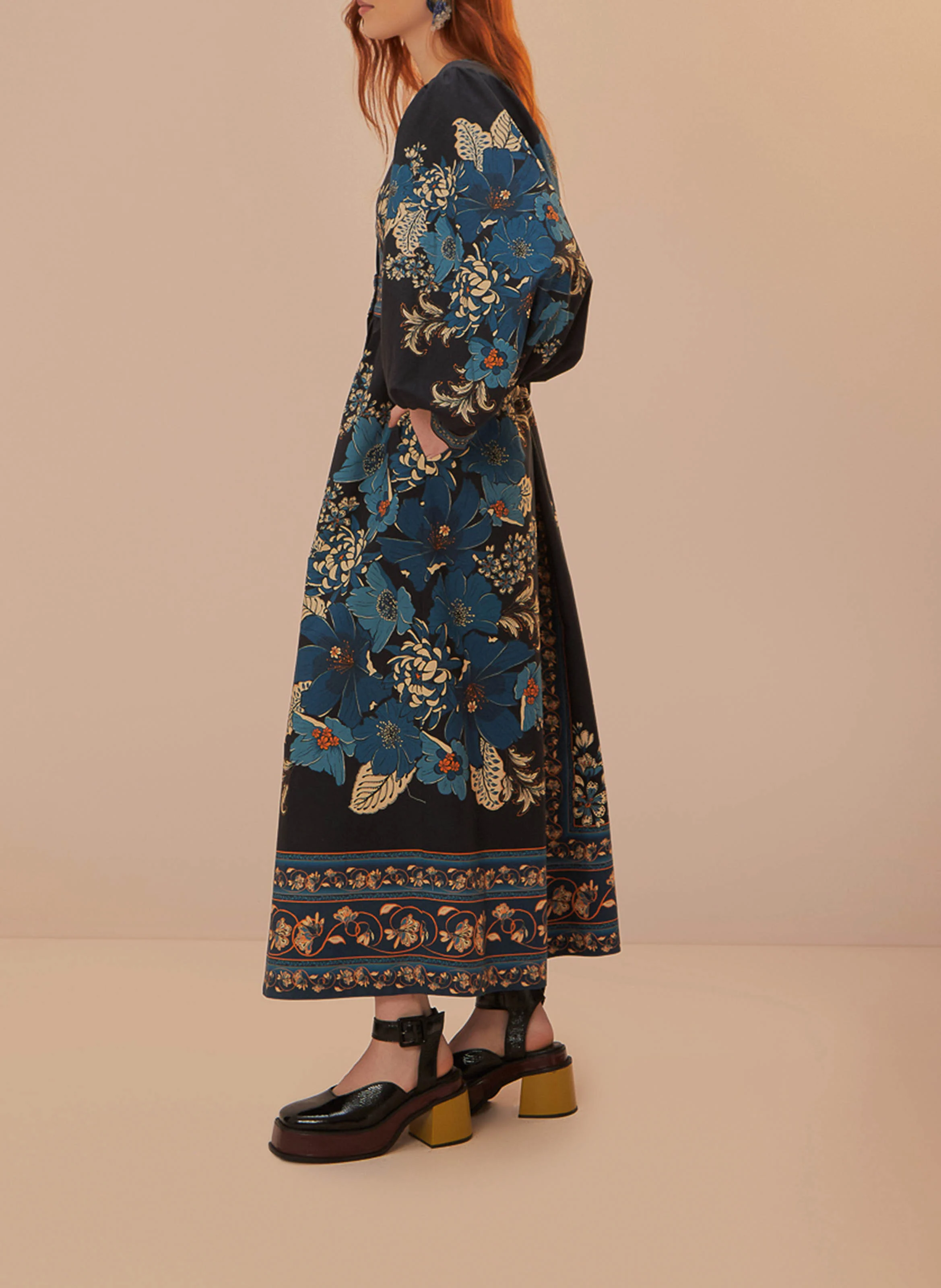 Robe longue en coton imprimé | Noir