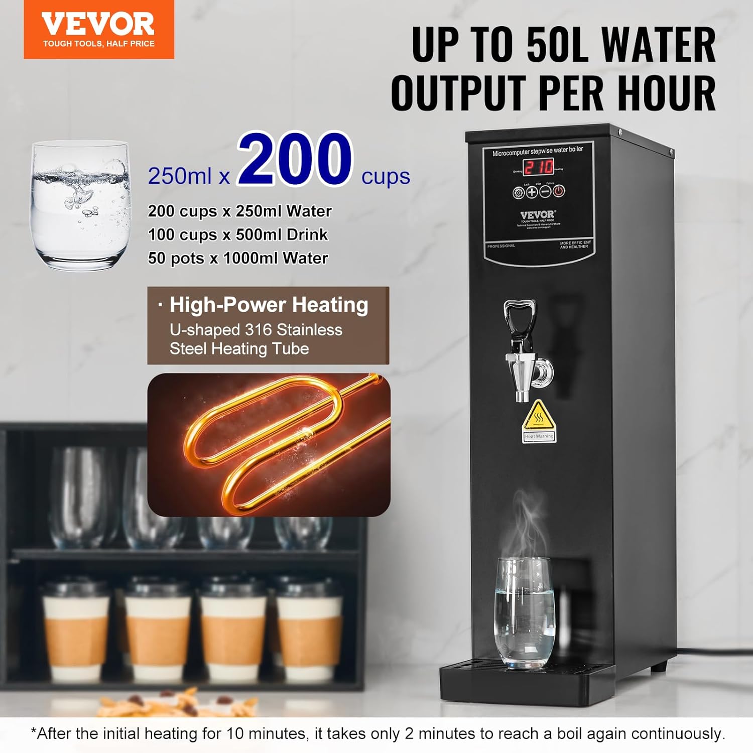 VEVOR kommerzieller Wasserkocher 20 L, elektrischer Heißwasserspender mit Heizrohr aus Edelstahl, 2500 W, schrittweise schnelle Aufheizung, 50 L pro Stunde, Heißwasserkessel, für Kaffee Tee Restaurant