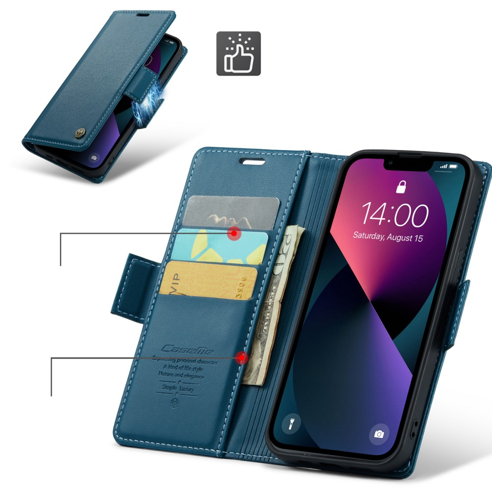 iPhone 15 Leder Tasche Flip Wallet Etui mit Kartenfächern Litchi Look (RFID Schutz) - Blaugrün