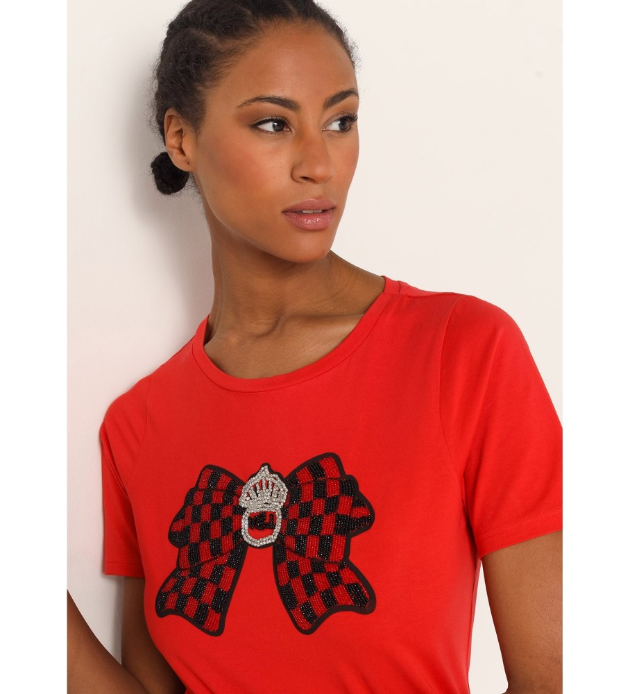 Victorio & Lucchino, camiseta de manga curta V&L com laço vermelho cravejado de joias