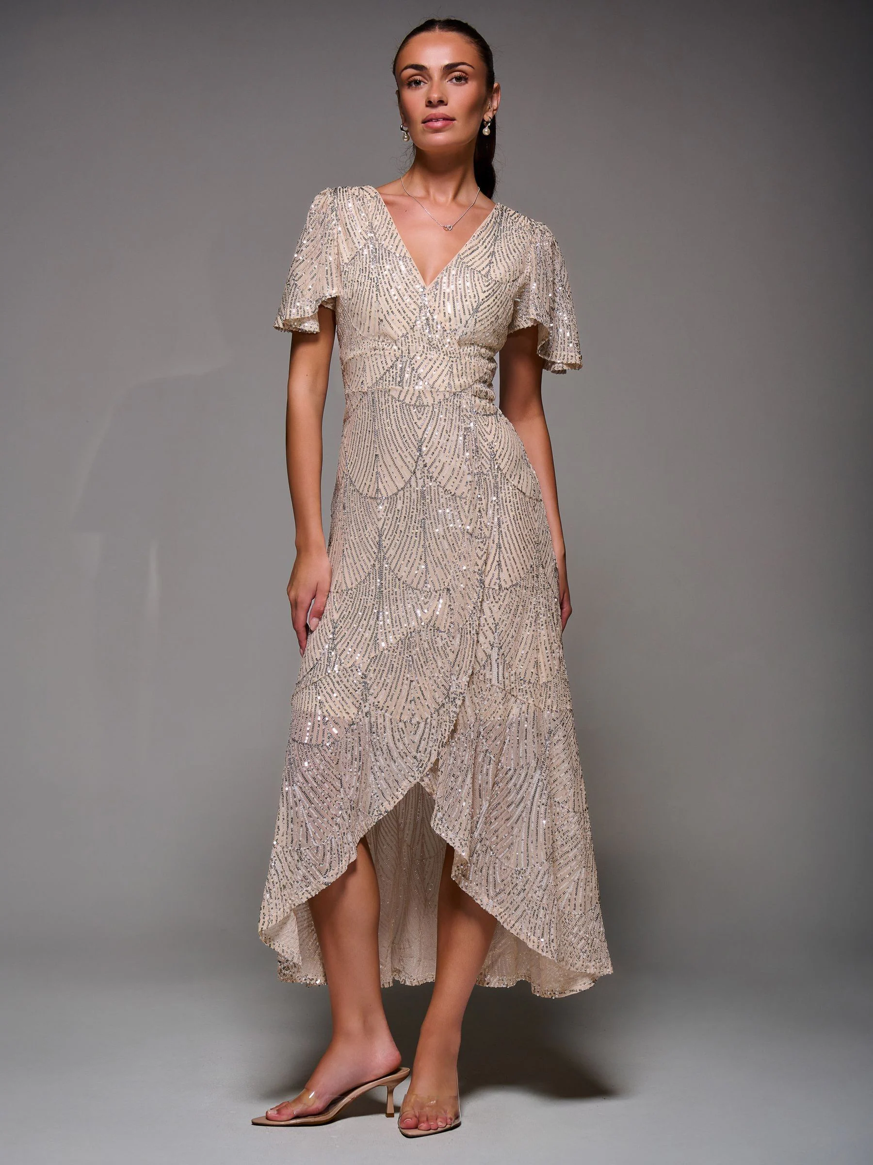 Licht beige - Jolie Moi Sequin Angel Sleeve Ruffle Hem Maxi Dress