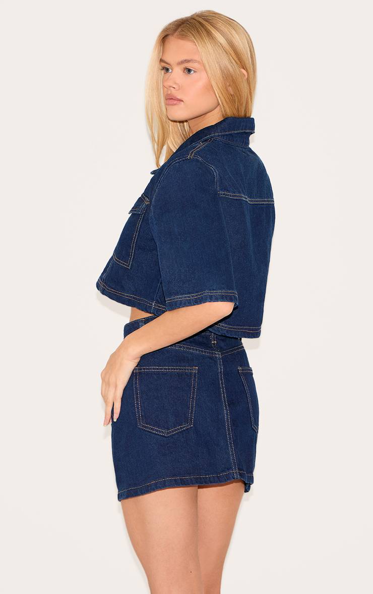 Bleu Indigo Chemise En Denim Raccourcie À Coutures Contrastées
