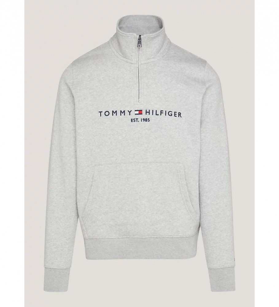 Moletom Tommy Hilfiger cinza com zíper até o peito e logo