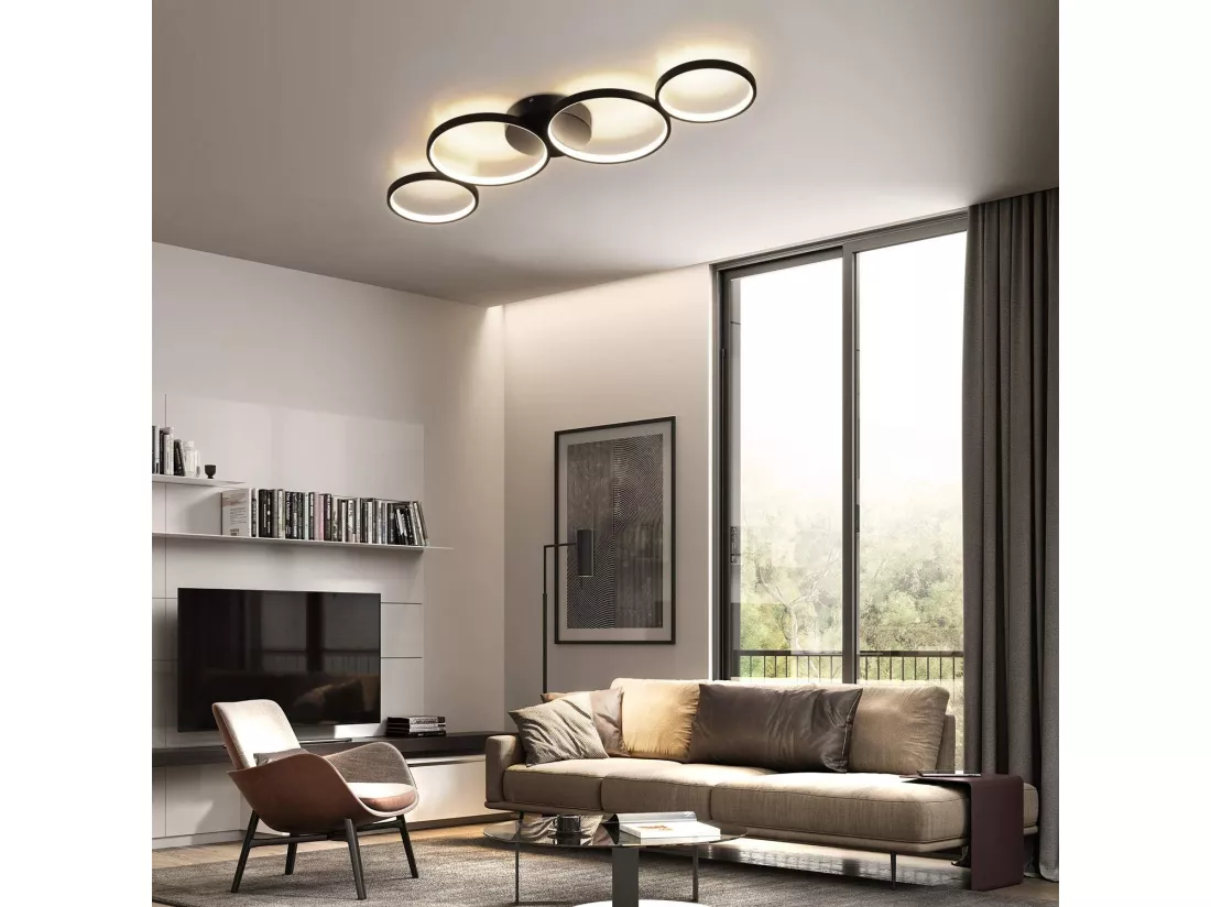 NETTLIFE Plafonnier LED moderne à intensité variable, noir, 88cm, 55 W, avec télécommande, Dimmable 4 Lampes 55W, Design Moderne