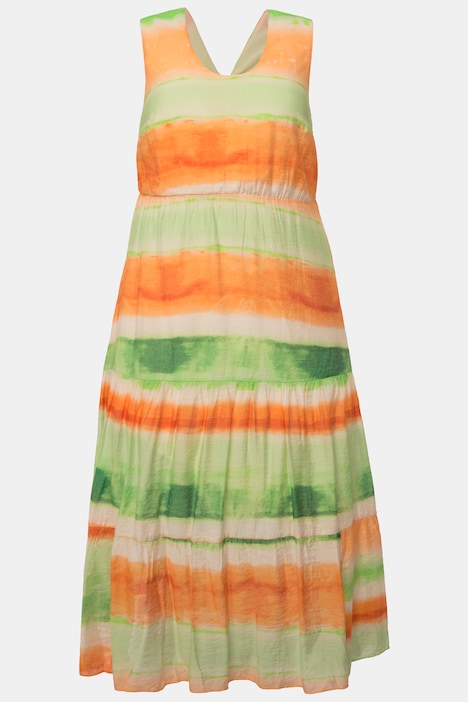 Maxikleid, A-Line, Batikstreifen, Rücken-V-Ausschnitt, Volants