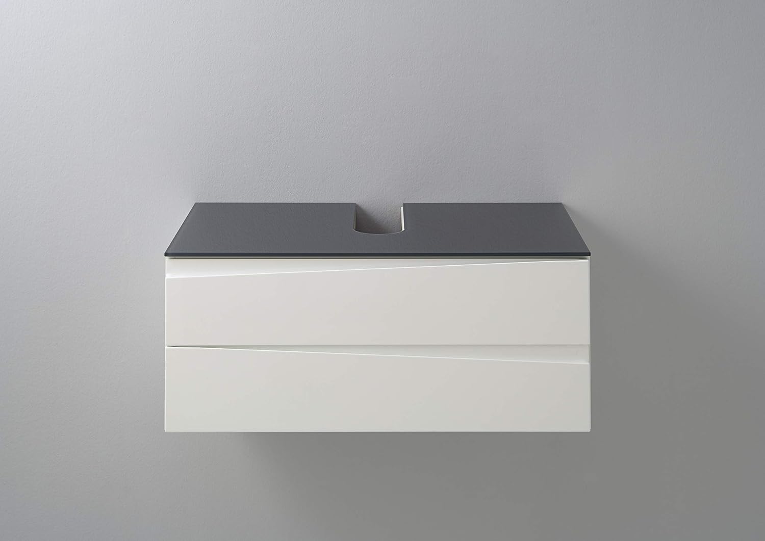 byLIVING Waschtisch Shape/Moderne Bad Kommode/Front Hochglanz Weiß / 2 Schubladen mit gefräster Griffeiste/Korpus Melamin weiß/Glasablage Grau/Schrank / 80 x 33 x 46 cm (BxHxT)