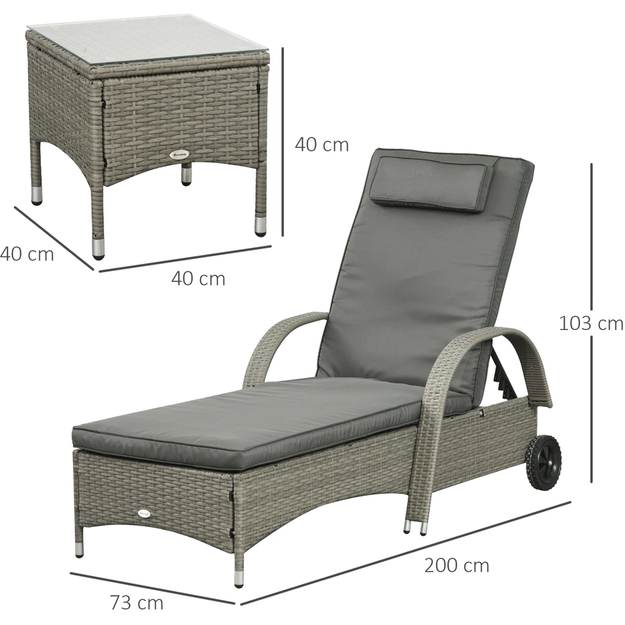 Outsunny Rattan Sonnenliegen mit Tisch grau