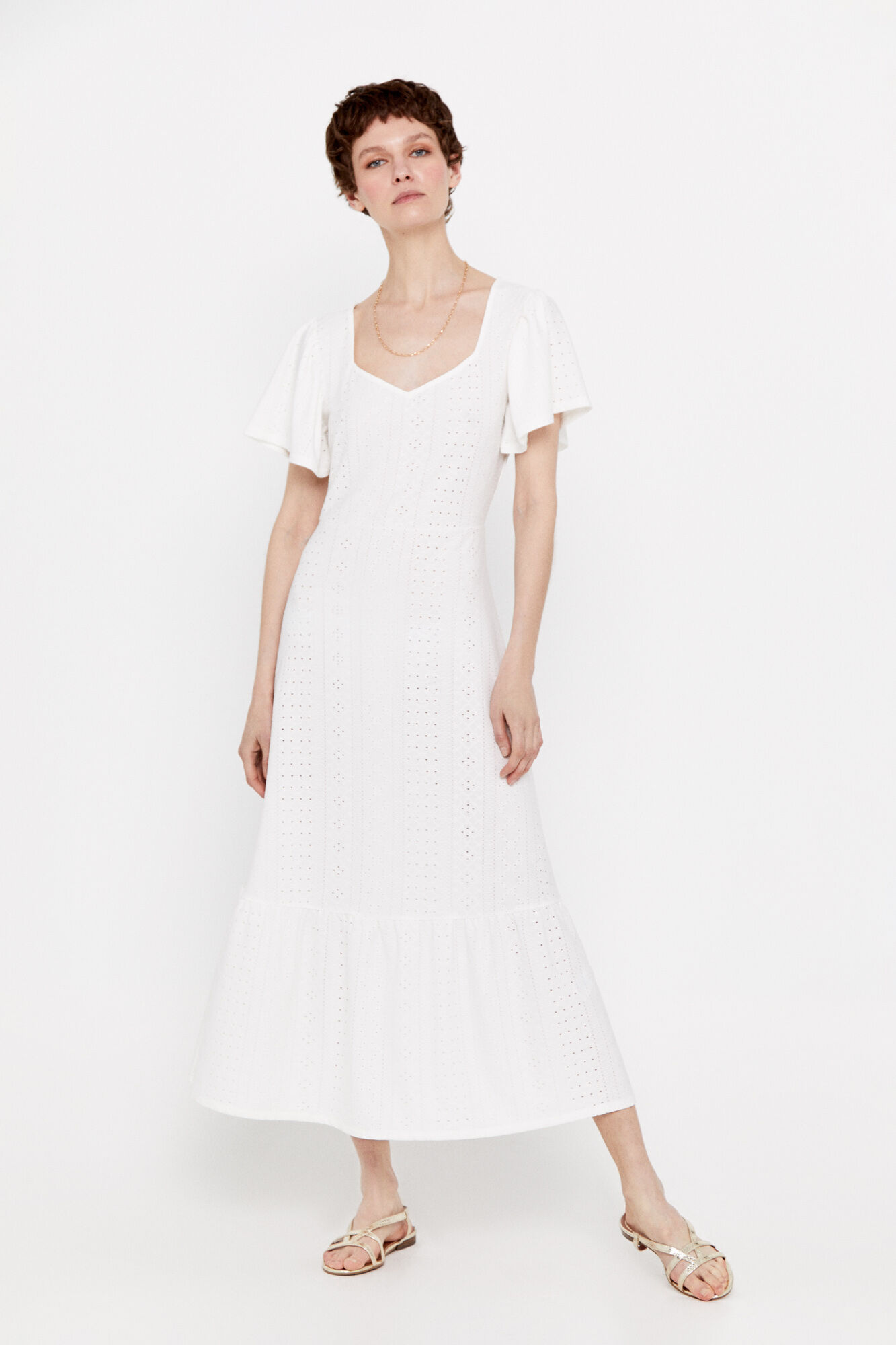 Vestido de malha vazada com babado - Branco