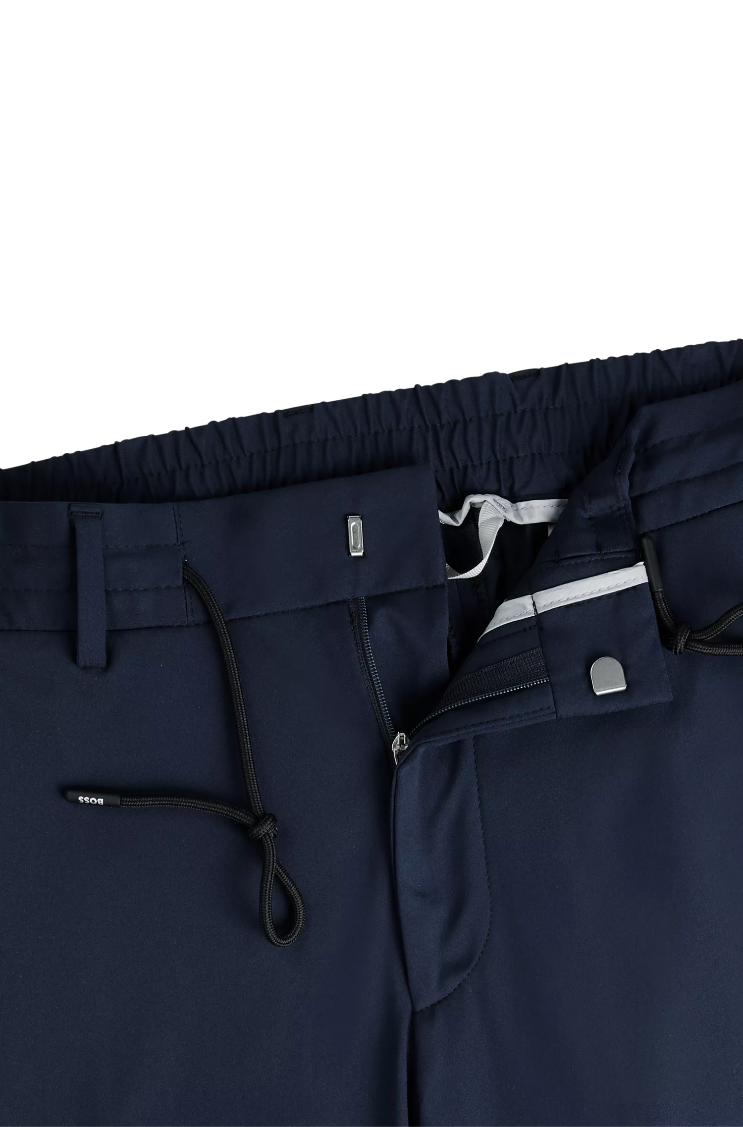 Calça BOSS preta de corte slim em malha elástica de alta performance.
