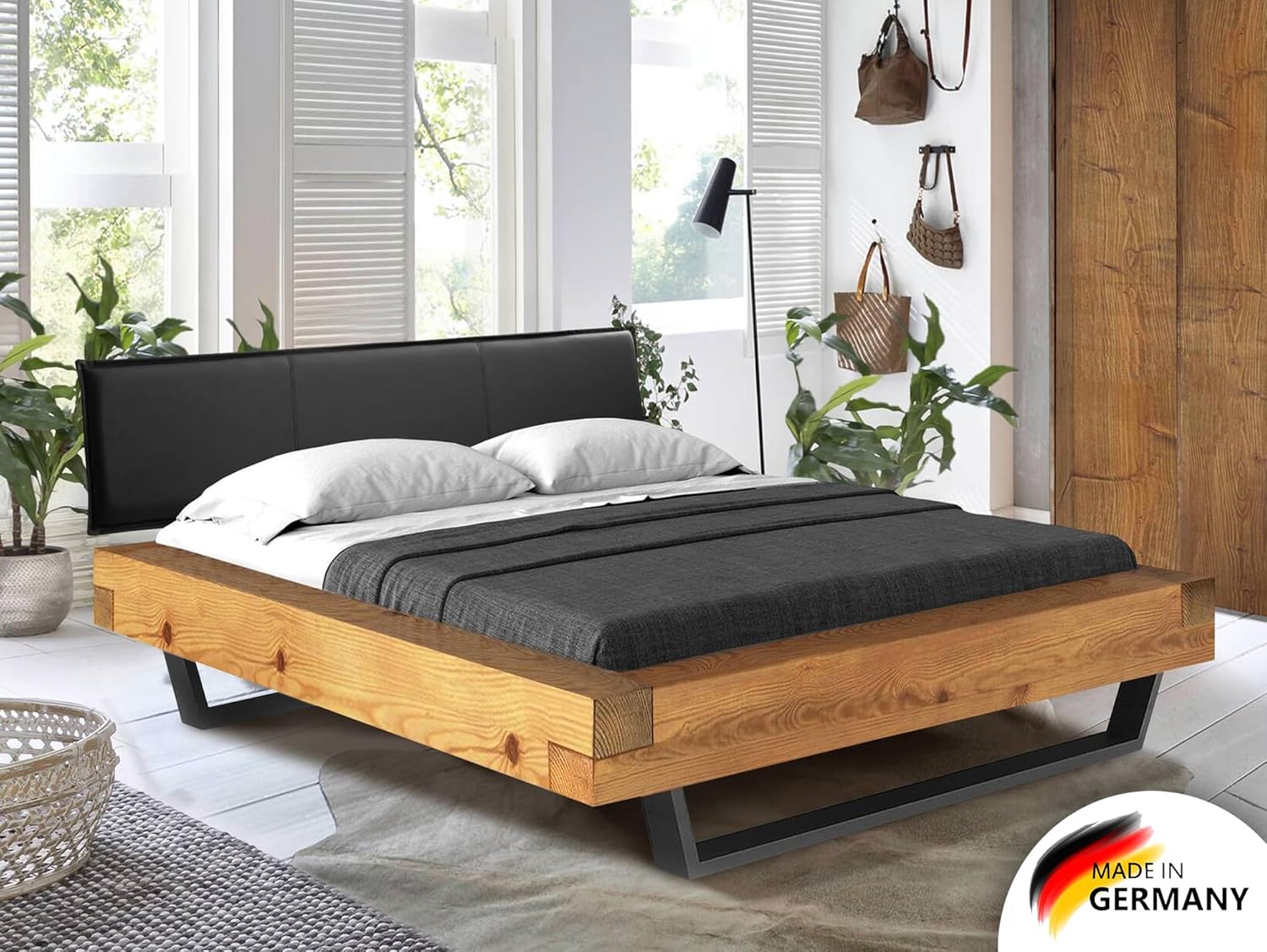 moebel-eins CURBY Balkenbett mit Polsterkopfteil, Kufenfuß, Material Massivholz