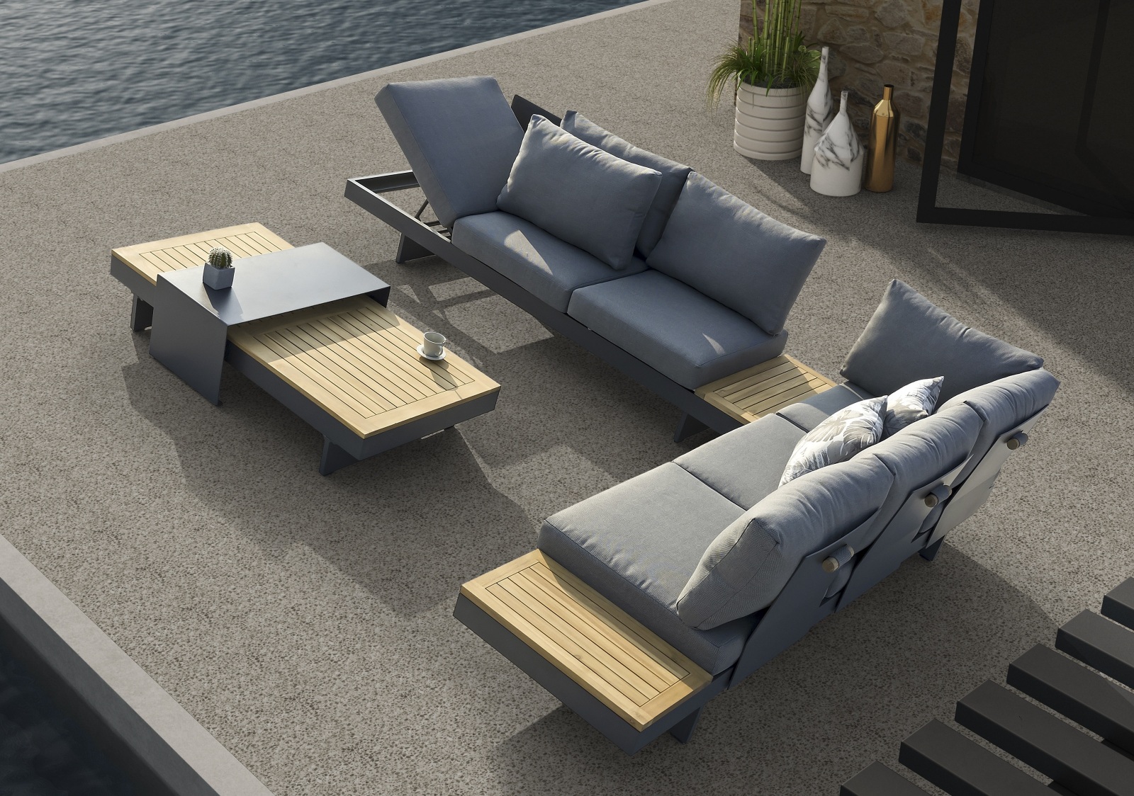 4-teilige Garten-Lounge - anthrazit-teak - Akazie massiv - variable Rückenlehnen