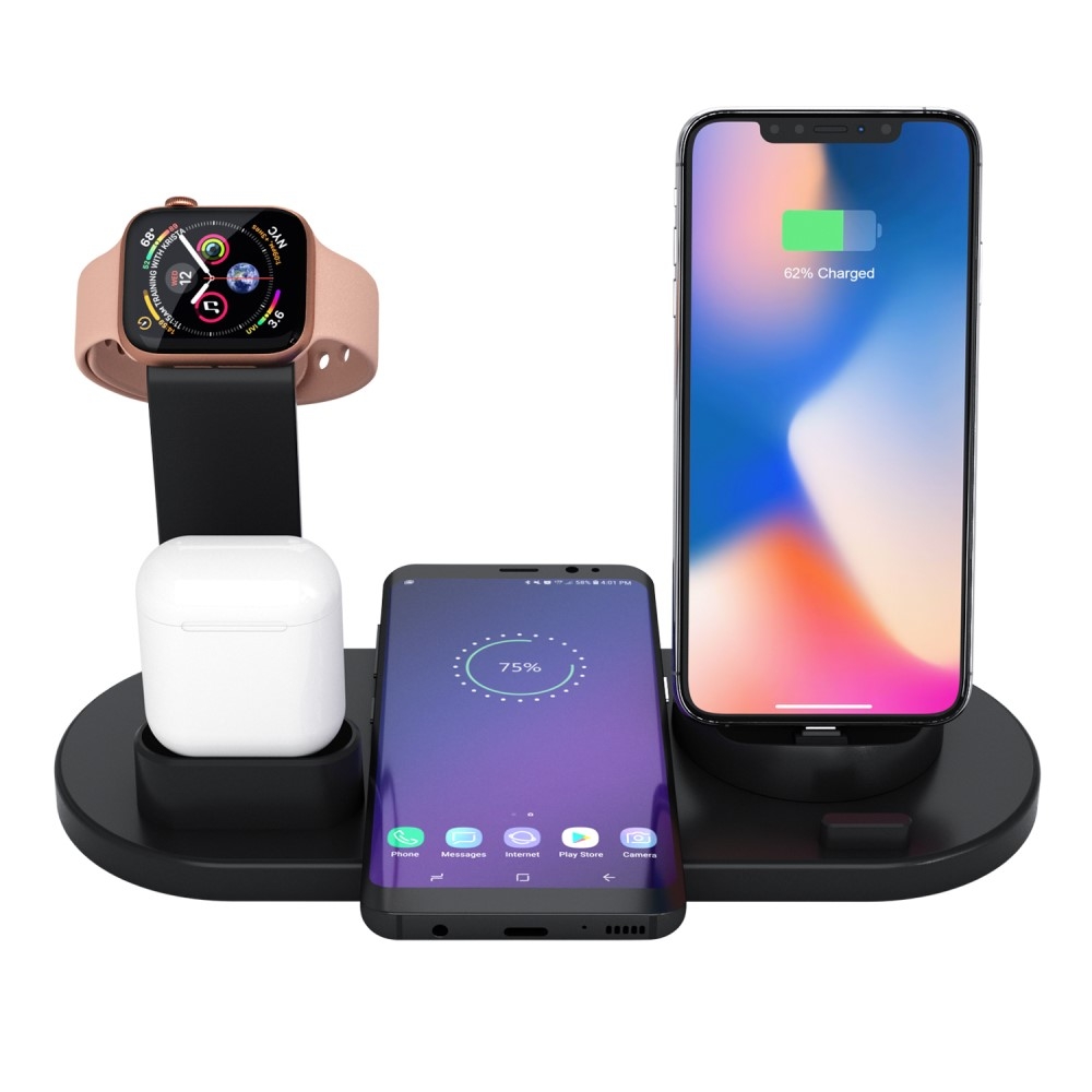 4in1 Apple Watch / Smartphone / AirPods Qi Charging Ständer Dockingstation (Micro USB / USB C / Lightning) - Schwarz