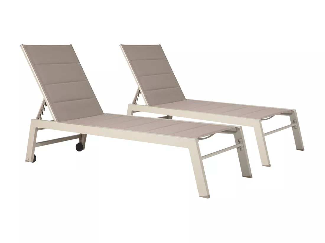 Lot de 2 bains de soleil BARBADOS en textilène taupe - aluminium taupe - HAPPY GARDEN