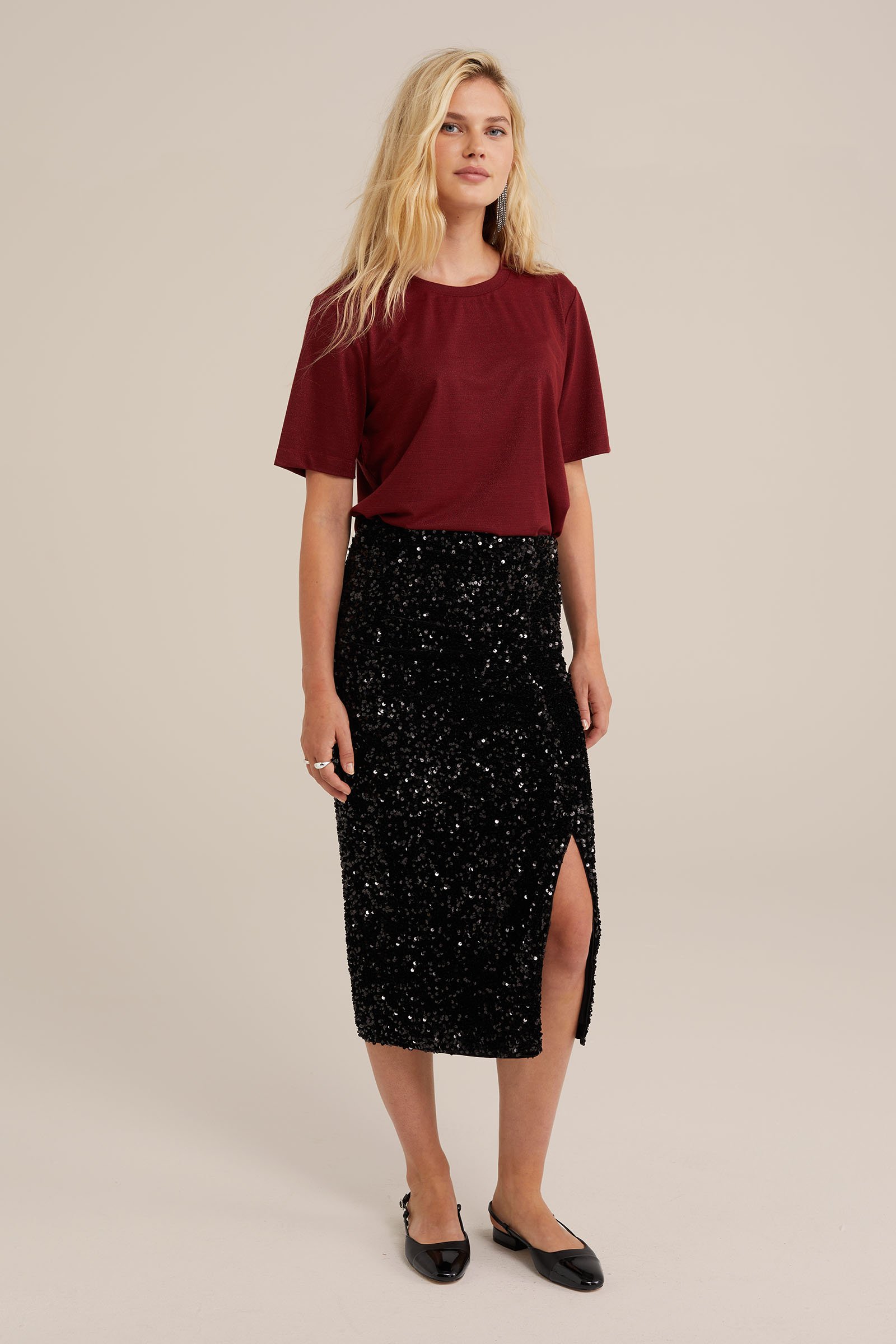 velvet kokerrok met pailletten WE Fashion Zwart
