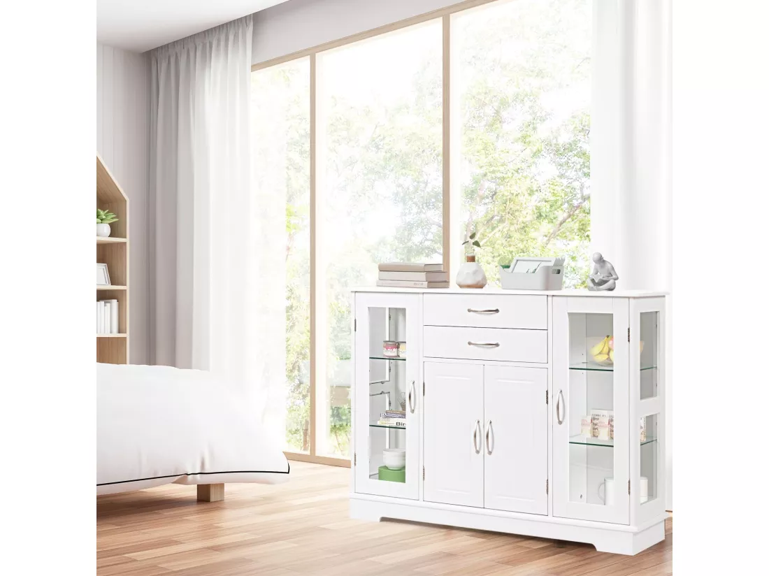 Buffet de Cuisine, Meuble de Rangement avec 2 Tiroirs, 2 Portes Simples en Verre Trempé et 1 Porte à La Française, Armoire pour Cuisine et Salon 107 x 30 x 82 CM (Blanc)