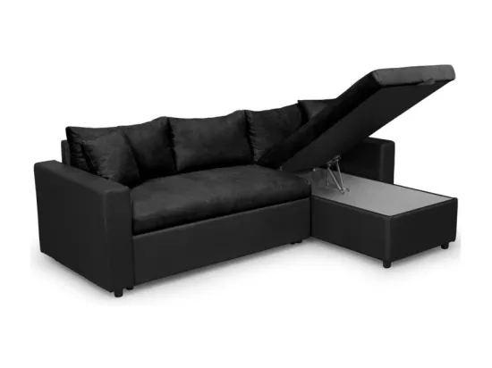 Canapé d'Angle 3 Places Maria Réversible Convertible avec Coffre en simili et microfibre - Noir - L227 x P146 x H81cm - Loungitude