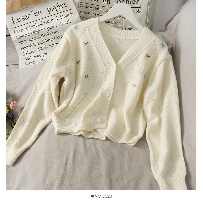 Lemongrass - Pointelle gebreide cardigan met bloemenborduursel