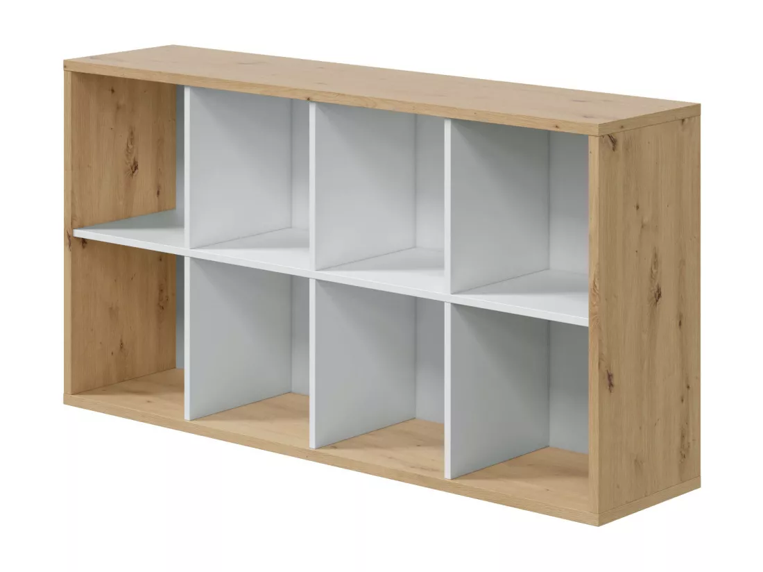 Bibliothèque Dmarini, Bibliothèque réversible à 8 compartiments, Meuble TV multi-positions, 72x33h137 cm, Chêne effet noeud et Blanc