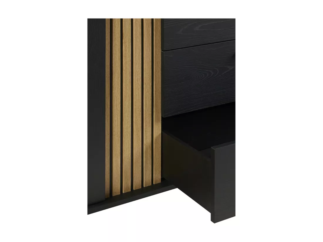 Buffet design 220cm avec 2 portes et 3 tiroirs pour salon couleur noir et chêne collection LOFT pieds en métal