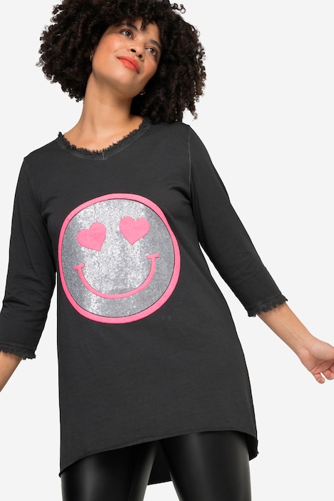 T-Shirt, A-Linie, Pailletten-Smiley, V-Ausschnitt, 3/4-Ärmel