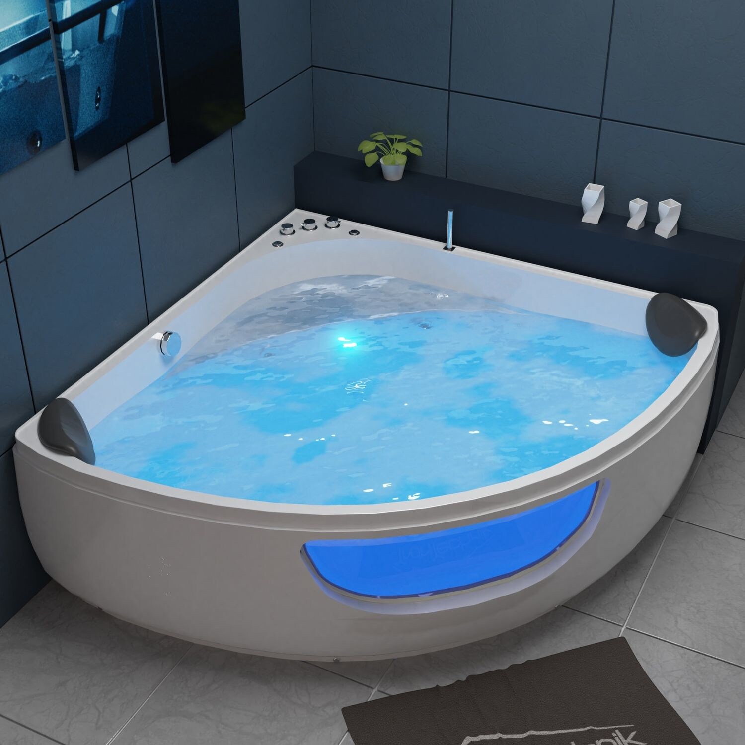 TroniTechnik® Whirlpool Badewanne Eckwhirlpool PAROS 135cm x 135cm, vormontiert, Acrylwanne 2 Pers., 12 Düsen, Sanitäracryl
