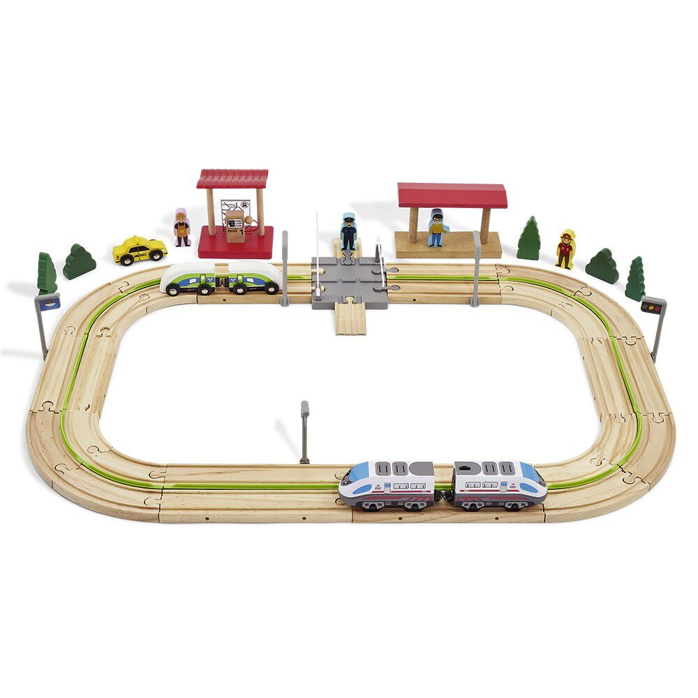 Circuit de train électrique en bois 79 pièces