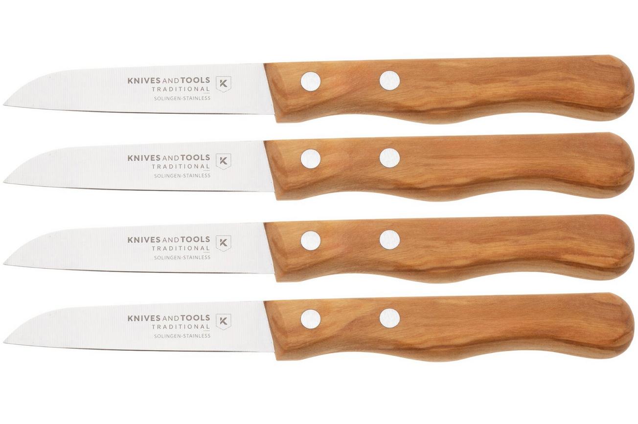 Knivesandtools Traditional Paring Knife, roestvast staal, olijfhout, 4-delige schilmessenset