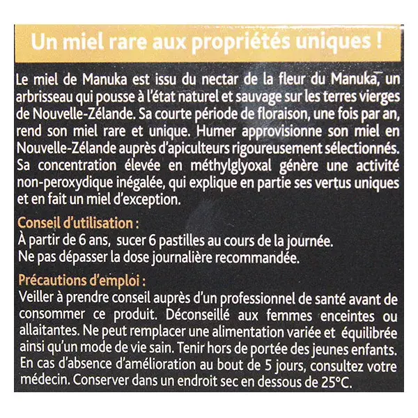 Pastilhas para a garganta Humer com mel de Manuka, indicadas para maiores de 6 anos, 16 pastilhas.