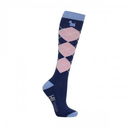 Pacote com 3 pares de meias de montaria nas cores azul, branca e rosa.