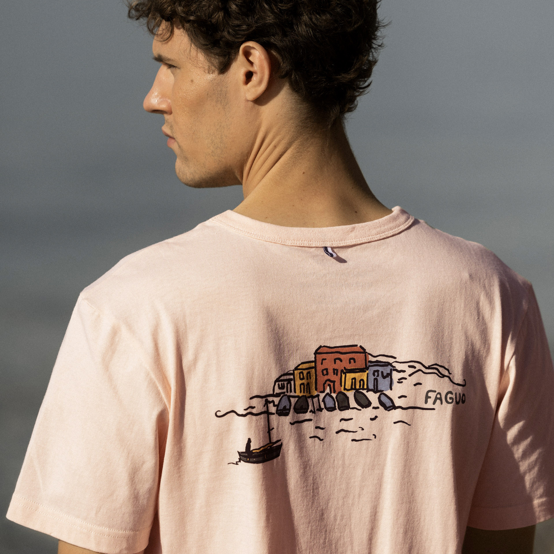 T-shirt rose pâle sérigraphie le port coton et coton recyclé - modèle lugny