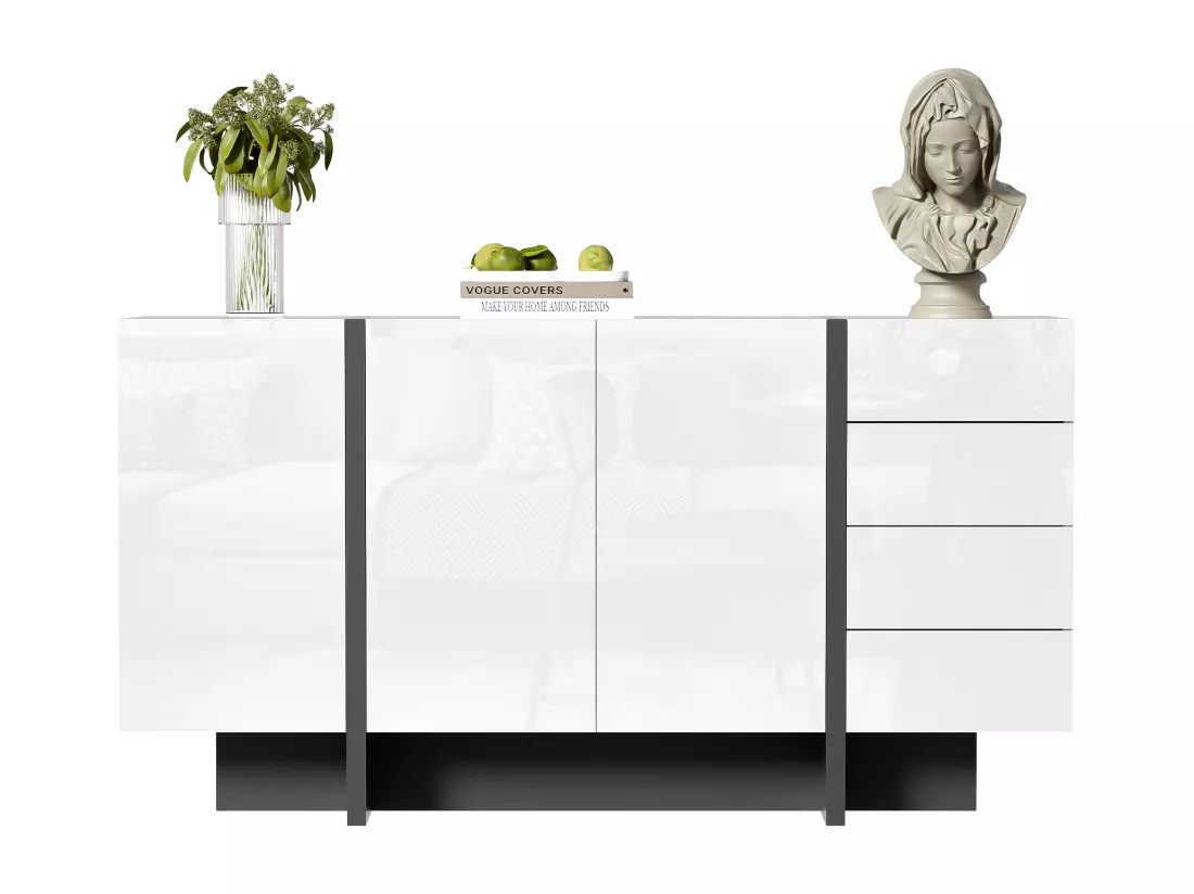 Buffet avec 2 portes et 3 tiroirs - 150 x 40 x 80.5 cm - MDF et panneaux de particules - Blanc brillant