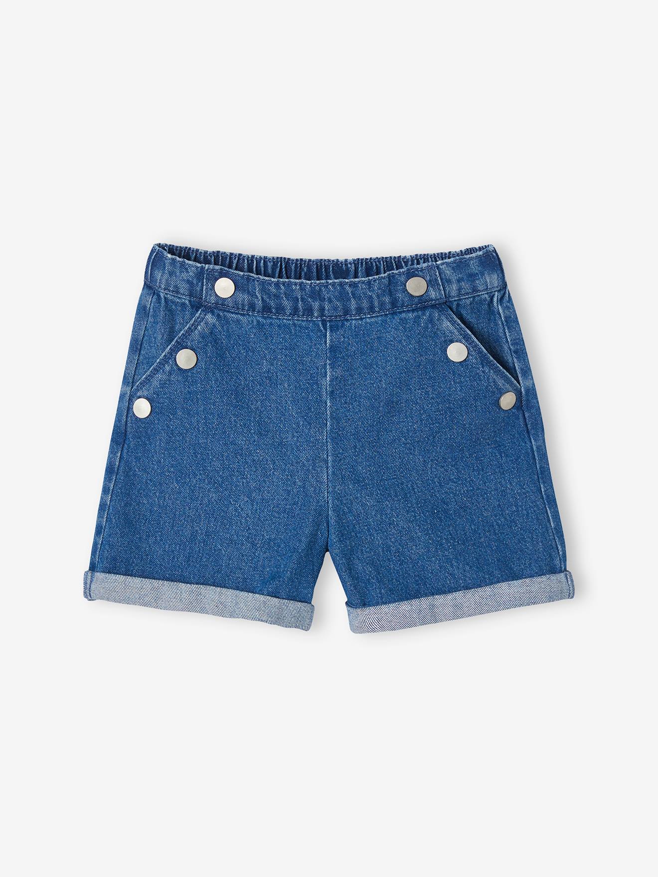 Shorts jeans azul-escuro para meninas com botões decorativos.
