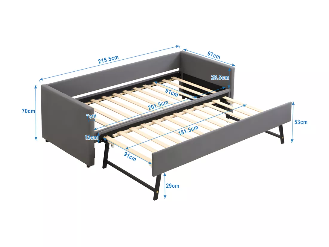 Lit gigogne multifonctionnel avec un lit pilant - 90x200 cm - tissu en lin - Gris