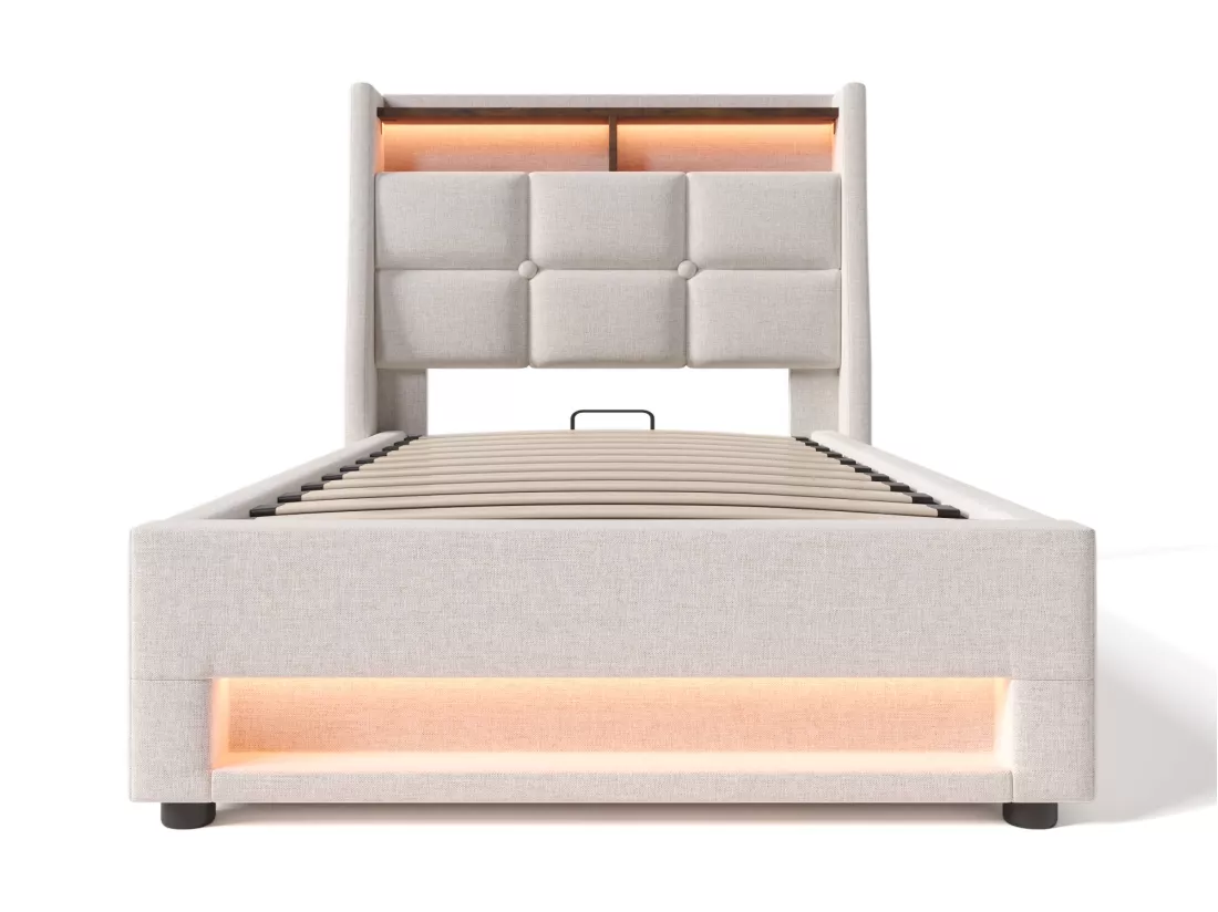 Lit coffre en lin 90x200cm avec LED et ports USB - sommier à lattes - beige