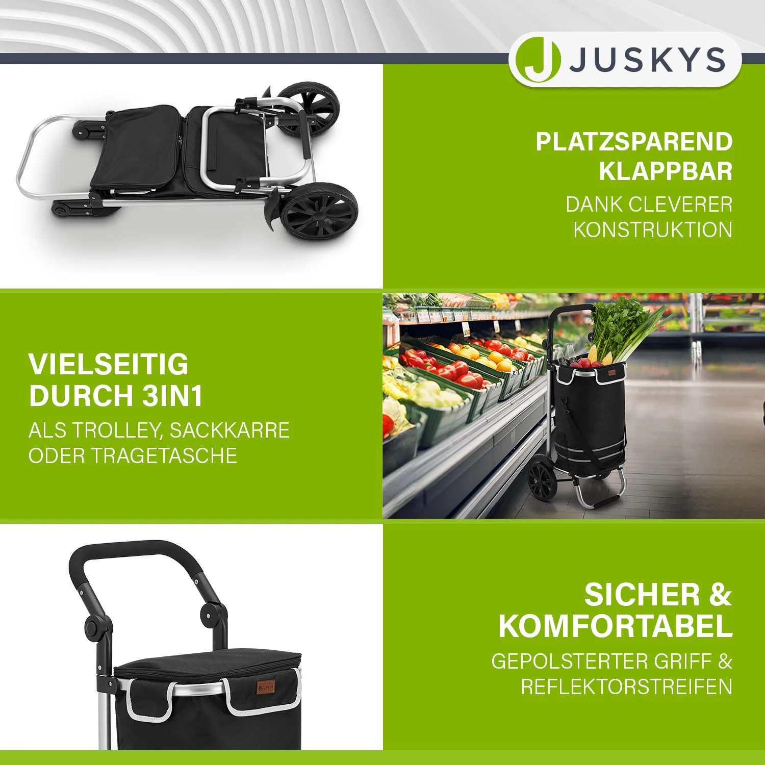 Juskys Einkaufstrolley 3in1 mit 2 Rollen für Shopping - 56 L Tasche - Trolley klappbar - Schwarz
