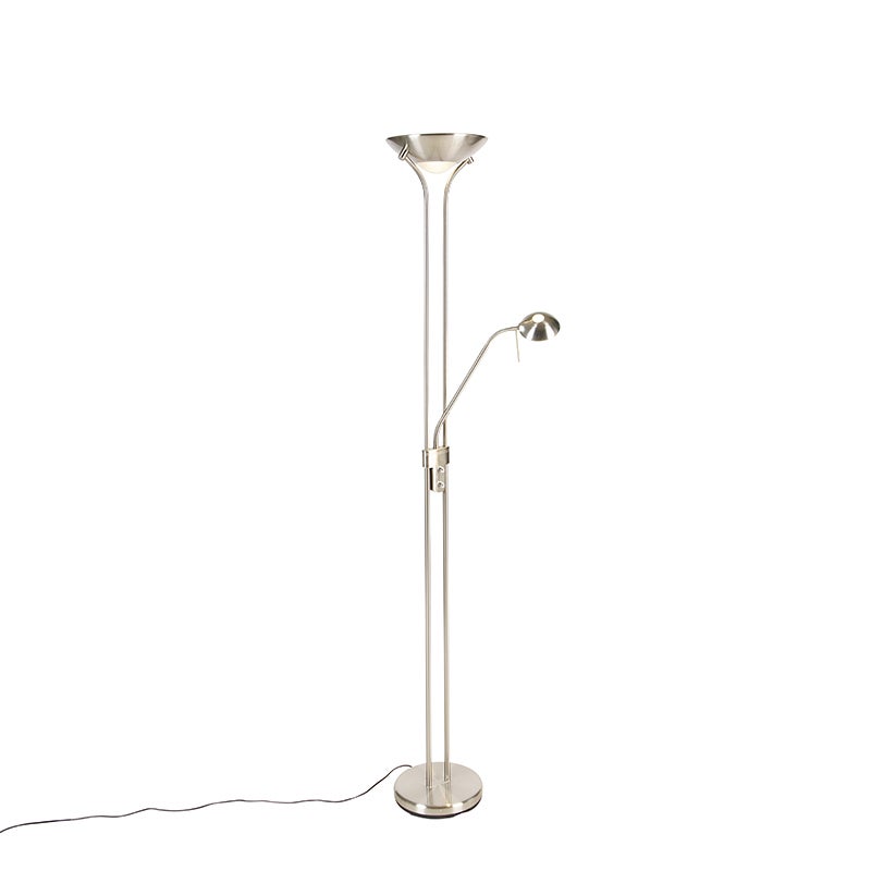 QAZQA - Moderne vloerlamp | Staande lamp | Vloerlamp | Lamp | Licht staal | Zilver | Mat nikkel met leeslamp incl. LED en dimmer - Diva Dimmer | Dimbaar | Woonkamer | Slaapkamer | Plafondlamp