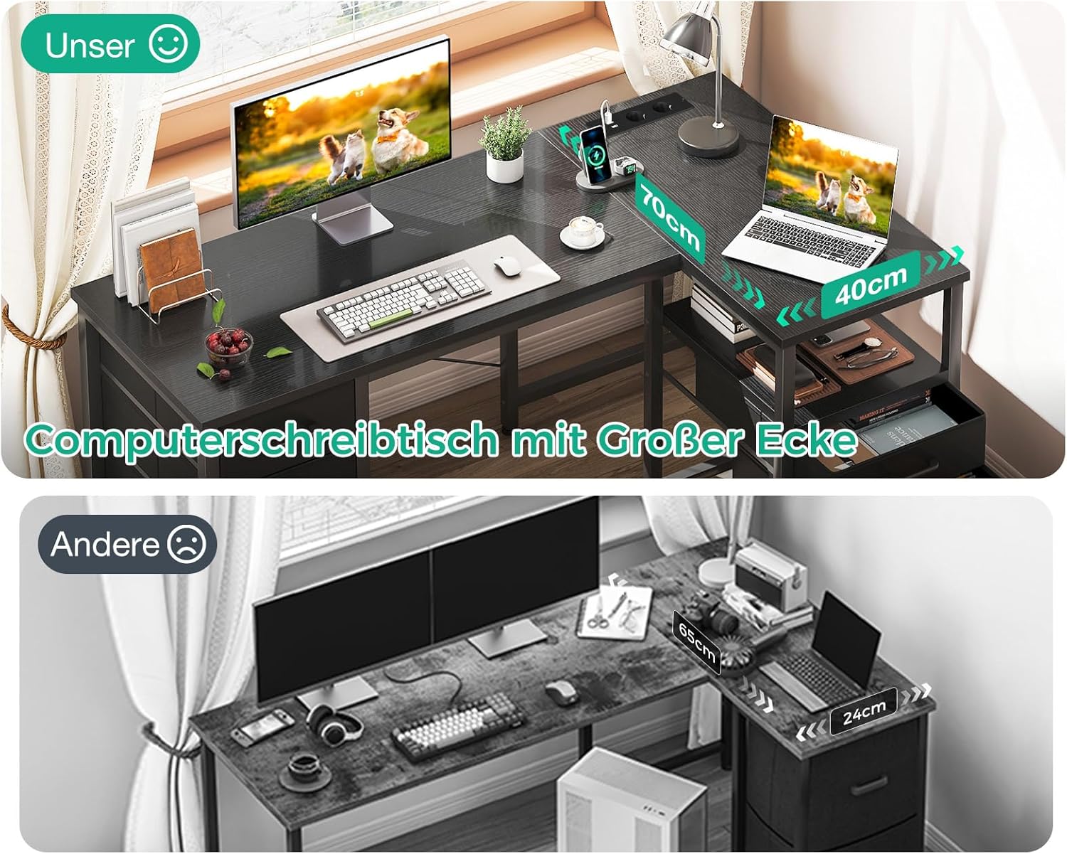Coleshome Schreibtisch mit Stoff Schubladen, 140x80cm Umkehrbarer Schreibtisch L Form mit Aktenschublade, Eckschreibtisch mit USB-Ladeanschluss und Steckdose, Home Office Schreibtische, Schwarz