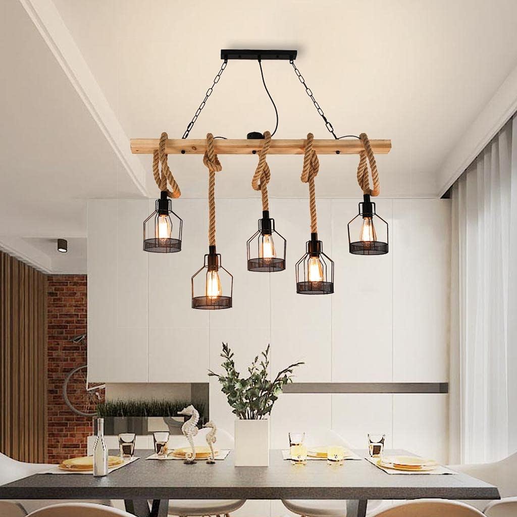Vintage Pendelleuchte Esstischlampe Holz Kronleuchter Höhenverstellbar Hängelampe Hanfseil DIY Verstellbare Hängeleuchte Industrial Retro Eisen Pendelampe Wohnzimmer Küche Bar Deckenleuchte E27*5 (A)