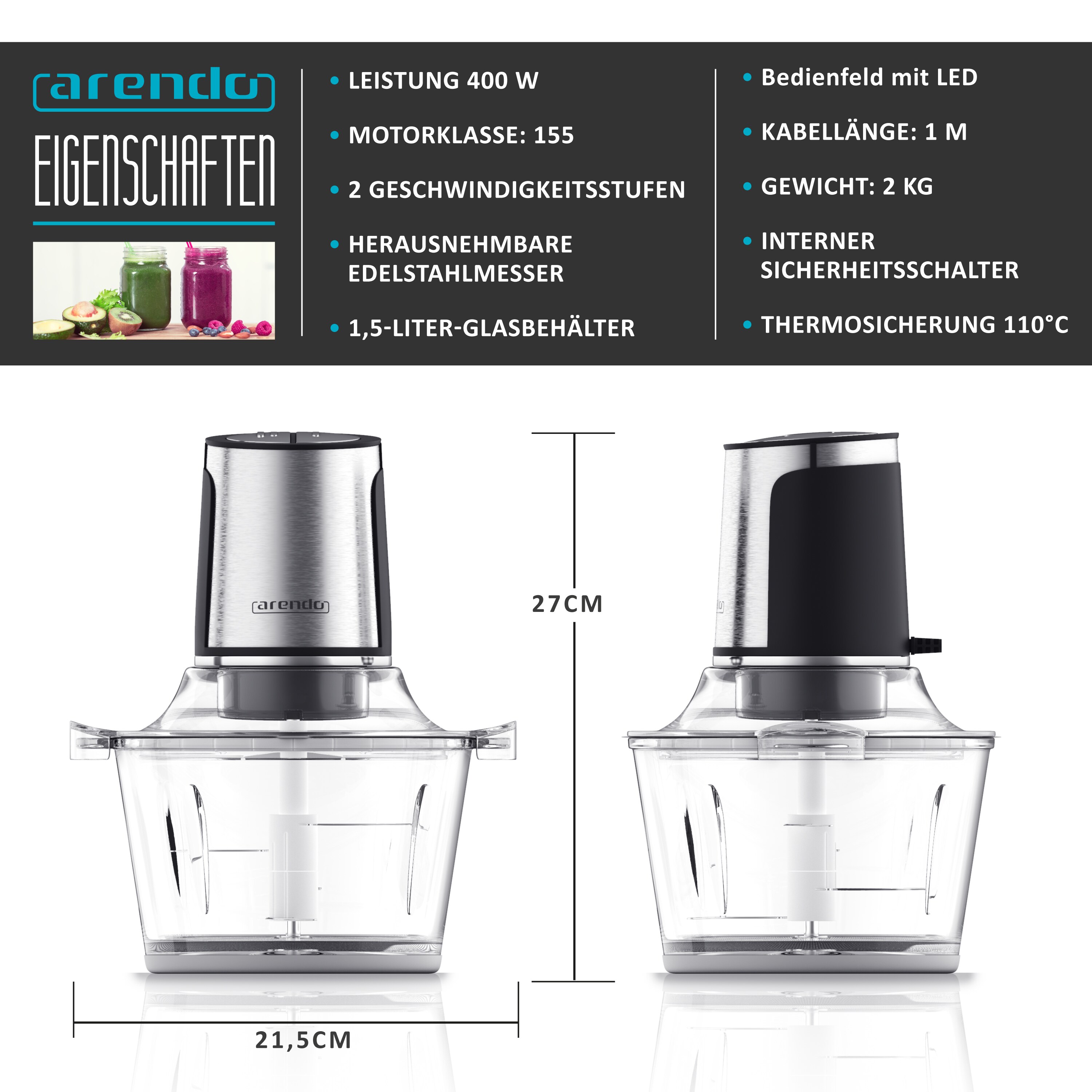 Arendo Elektrischer Multizerkleinerer - Universal Zerkleinerer mit 1,5 L Glasbehälter