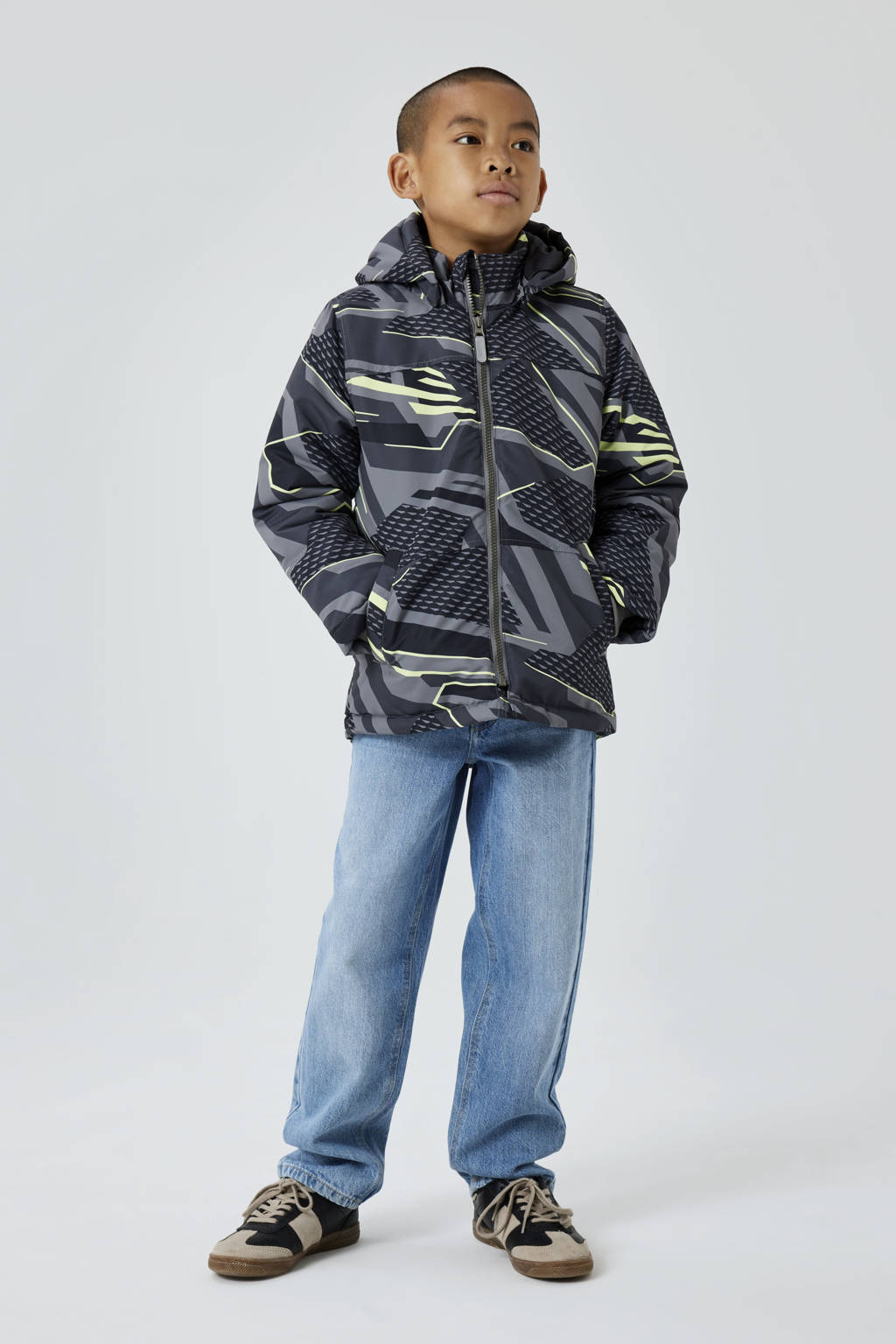 NAME IT winterjas NKMMAX met all over print zwart/grijs