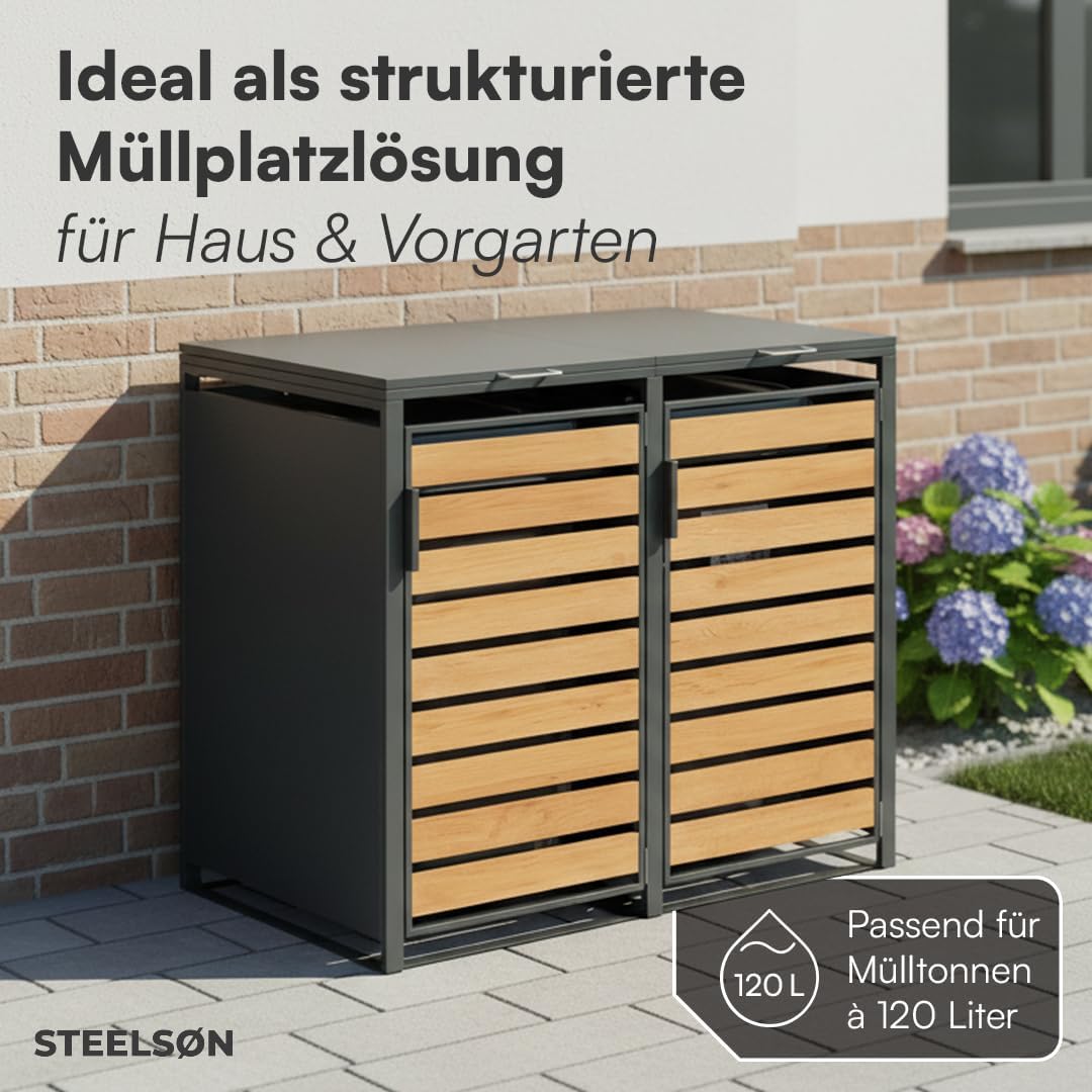 STEELSØN Kestra Mülltonnenbox 2er bis 120L – Mülltonnenverkleidung aus Stahl mit Sichtstreifen in Holzoptik – hochwertige Müllcontainer für 2 Tonnen – Müllbox in Anthrazit – Gerätebox wetterfest