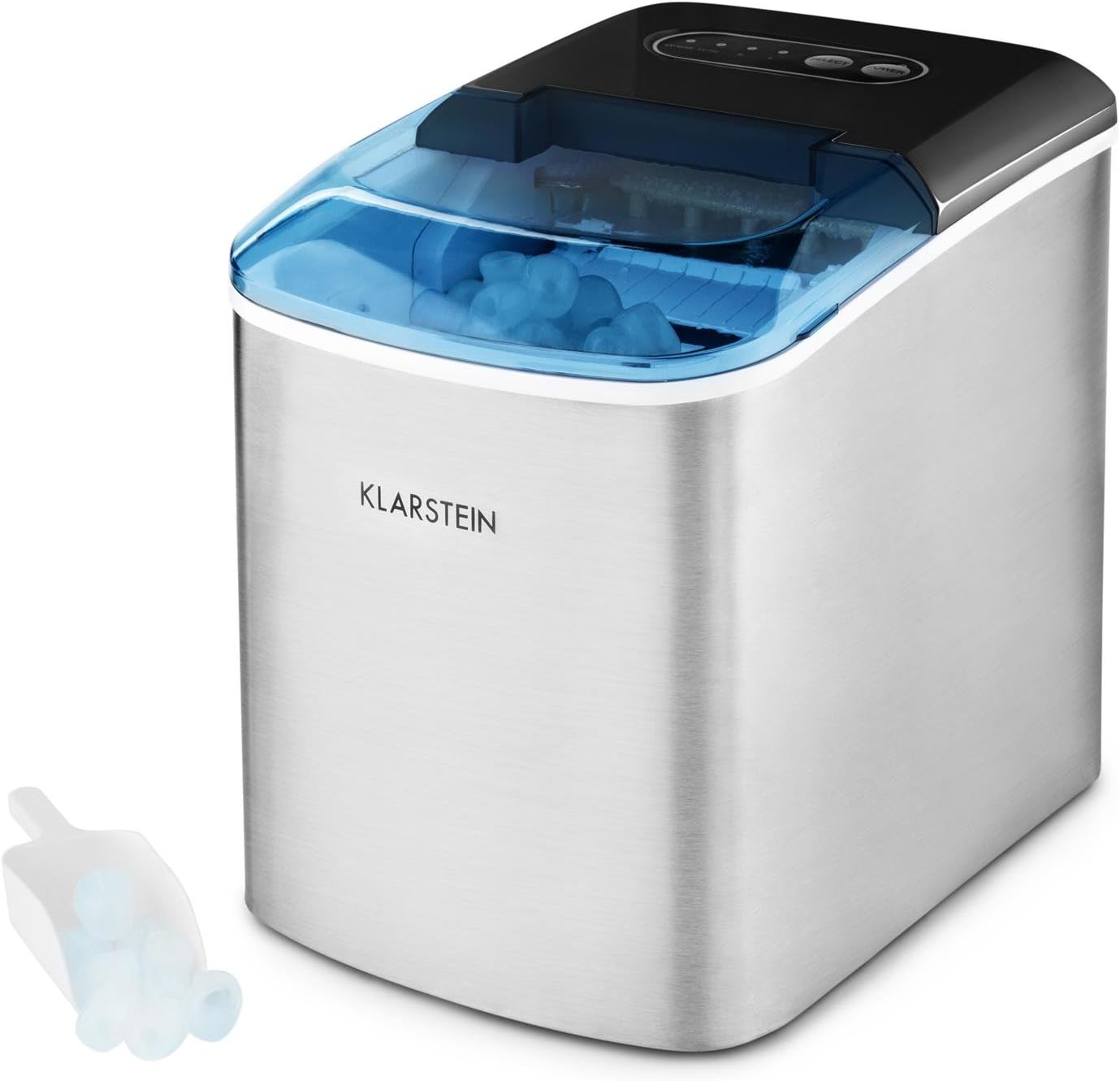 Klarstein On-The-Rocks - Eismaschine, Eiswürfelbereiter, Eiswürfelmaschine, 12 kg / 24 h, 120W, 2 Würfelgrößen, 6-12 min, 2,1 Liter Wassertank, Selbstreinigungsprogramm, Edelstahl, schwarz