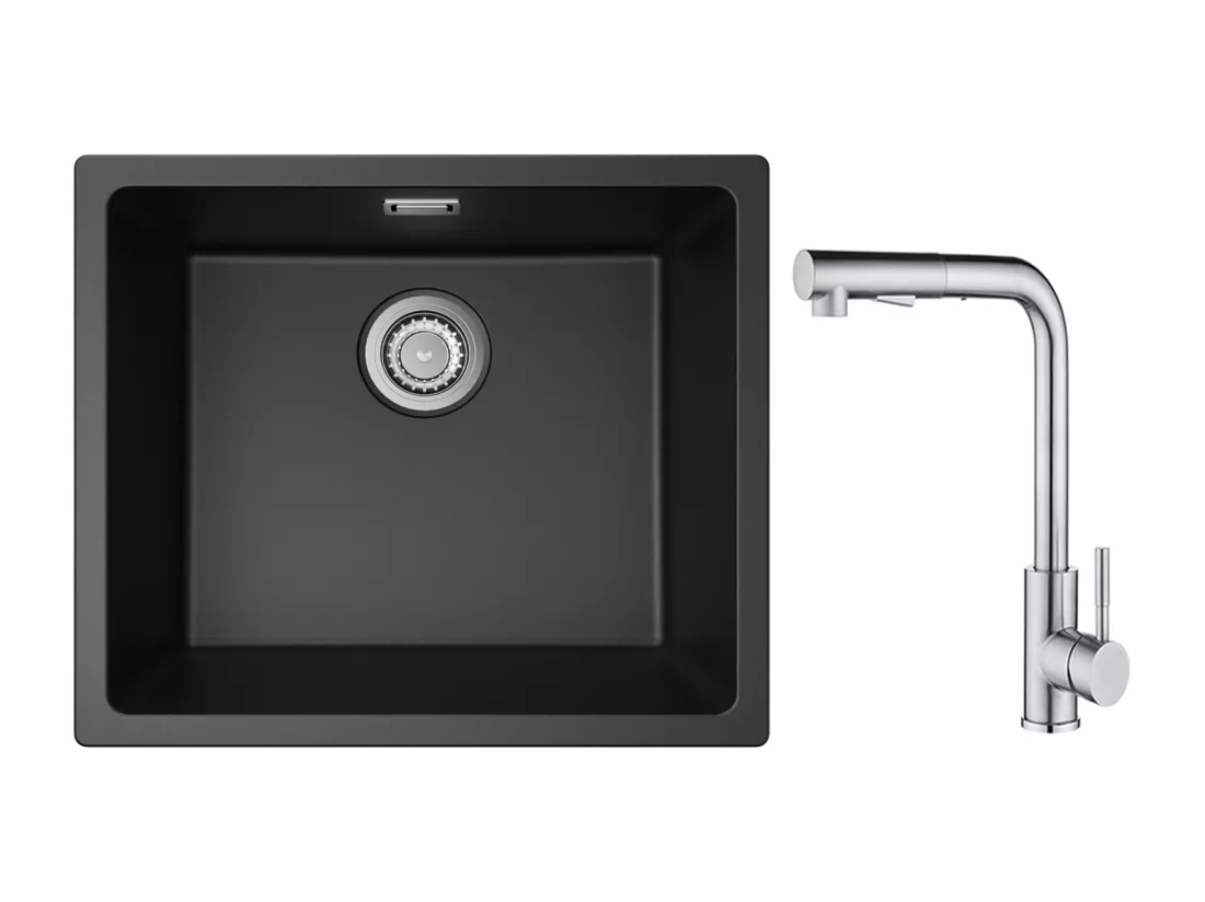CECIPA MAX Evier 1 Bac en Quartz et Résine Noir Gris 50*44*20cm + Mitigeur Cuisine Brossé avec Douchette Extractible - 2 Jets aux Choix