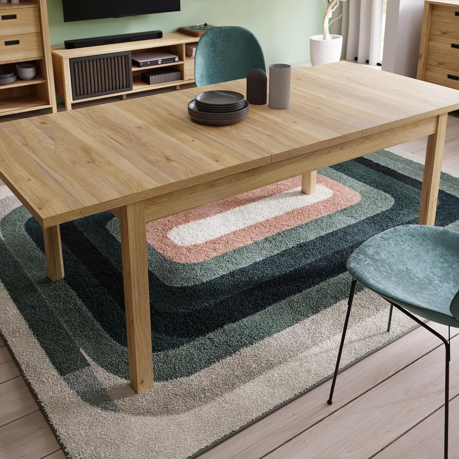 Forte Saitama Esstisch 160, moderner Esszimmertisch, ausziehbar, Holzwerkstoff, Mauvella Eiche Holzdekor, 160,4 cm (207 cm) breit x 76,6 cm hoch x 90 cm tief