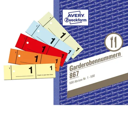 Avery Zweckform 867 Garderobennummern, 5-farbig, A6, 1-500 Abschnitte pro Buch, 2 Bücher pro Farbe