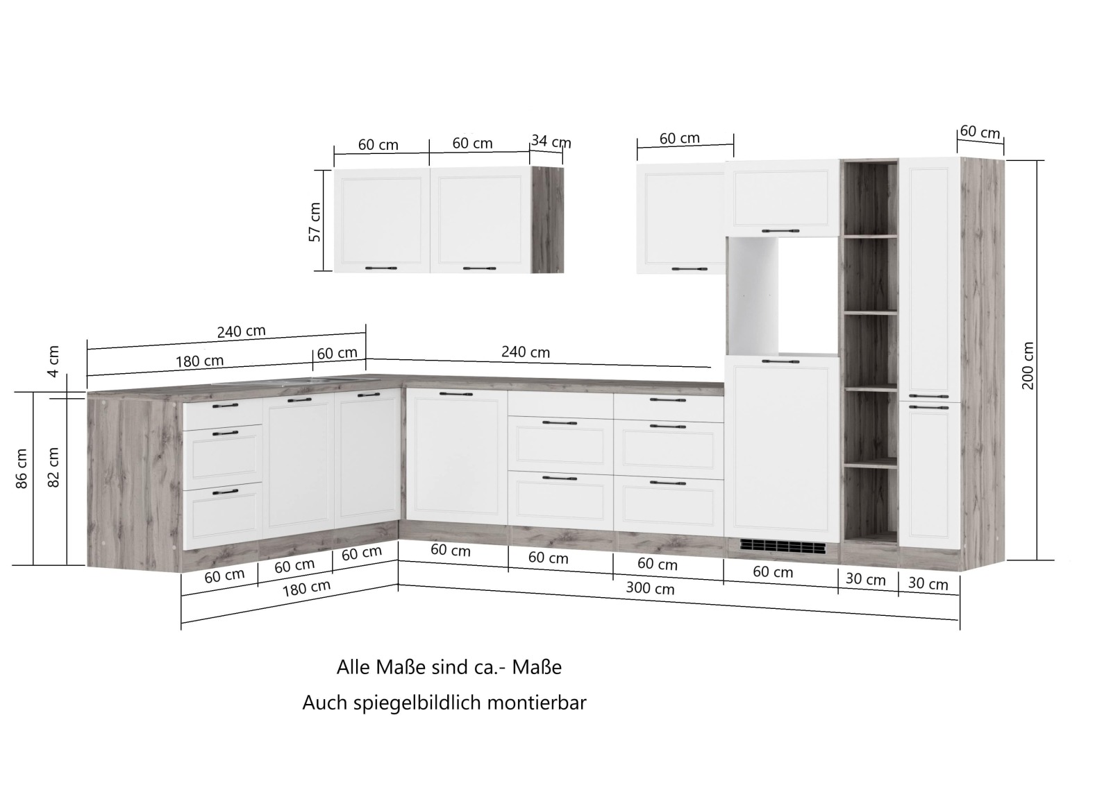 Winkelküche MERAN - weiß - Wotaneiche - mit E-Geräten - Glaskeramikkochfeld - 240x360 cm