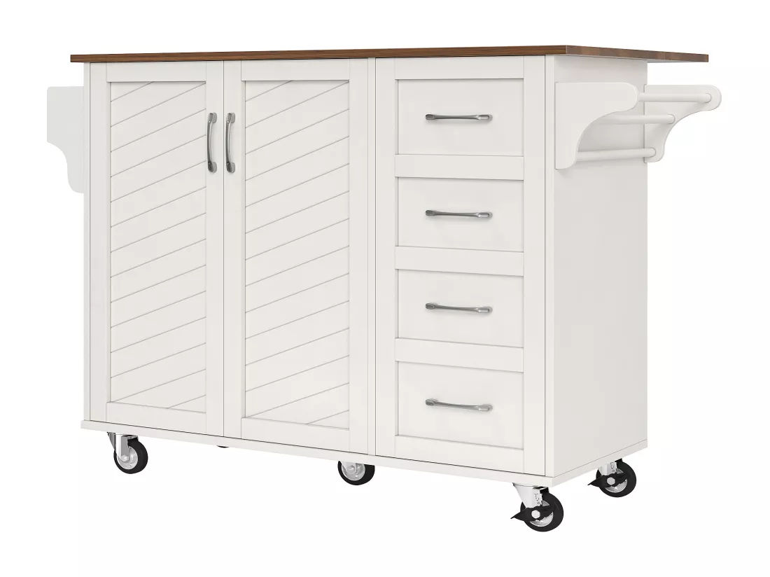 Ilot central de cuisine - chariot à roulette avec plateau extensible - 2 tiroirs et 2 portes - Blanc
