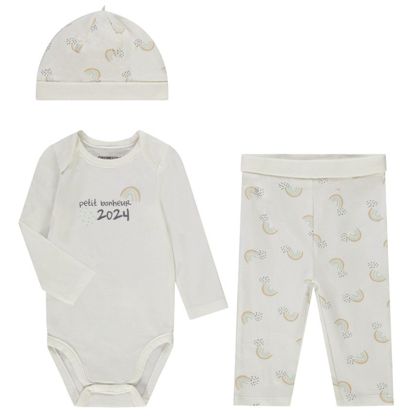 Ensemble naissance 3 pièces imprimé arcs-en-ciel pour bébé - Ecru