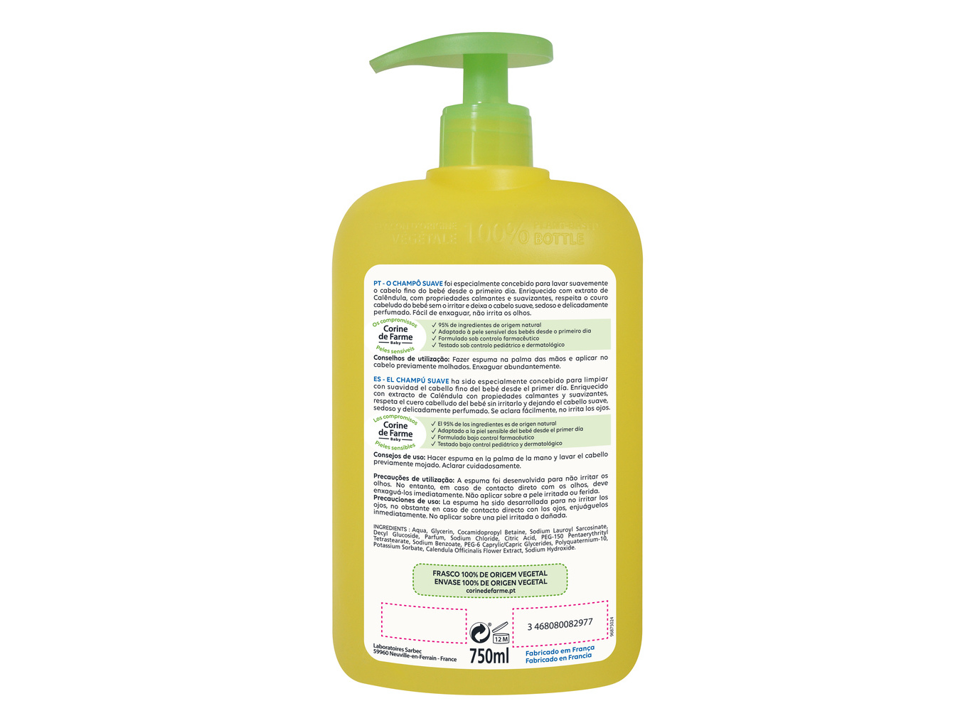 CHAMPO BEBÉ CORINE DE FARME SUAVE 500 ML 250 ML GRÁTIS
